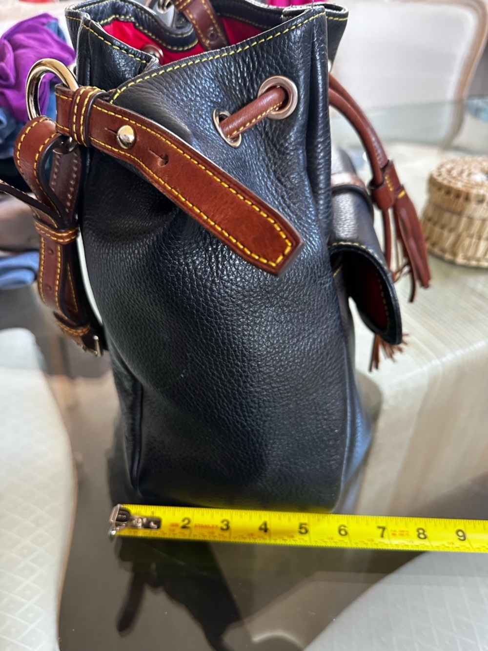 Dooney & Bourke Black Leather Drawstring Bucket Bag with Brown Trim - Picture 9 of 9